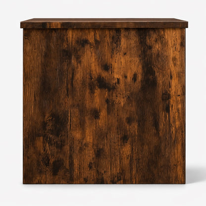 Table basse relevable en bois chêne fumé vue de côté avec plateau relevable et mécanisme métallique