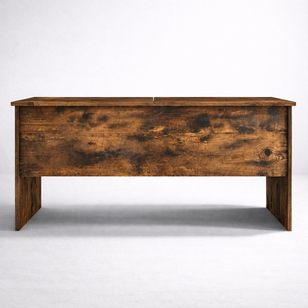 Table basse relevable en bois chêne fumé fermée avec design rectangulaire et rangement discret