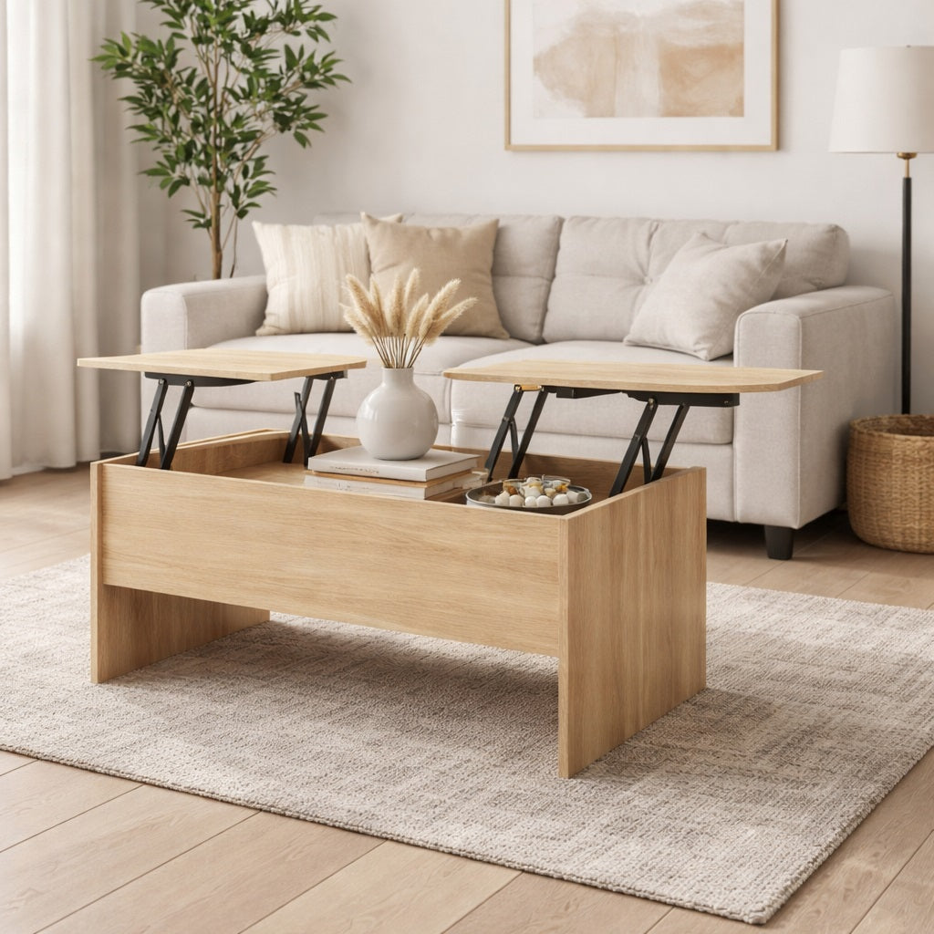 Table basse relevable en bois chêne sonoma dans un salon lumineux avec double plateau relevable