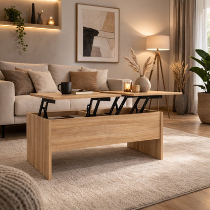 Table basse relevable en bois chêne sonoma dans un salon moderne avec plateaux relevés