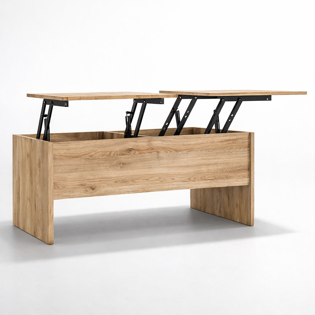 Table basse relevable en bois chêne sonoma avec double plateau relevable et compartiments de rangement