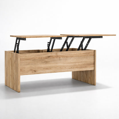 Table basse relevable en bois chêne sonoma avec double plateau relevable et compartiments de rangement