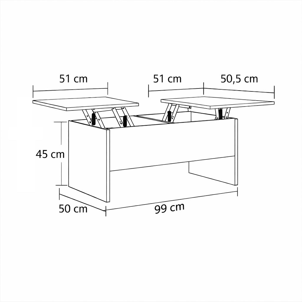 Dimensions détaillées table basse relevable en bois avec double plateau et rangement intégré