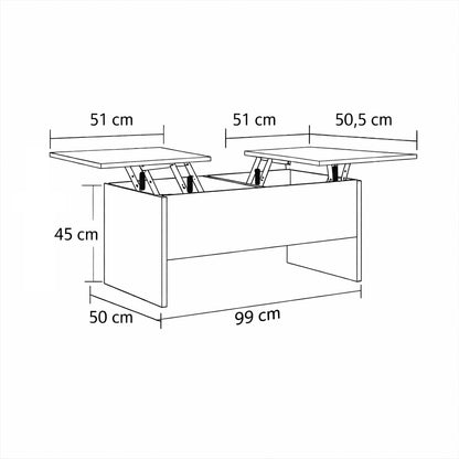 Dimensions détaillées table basse relevable en bois avec double plateau et rangement intégré