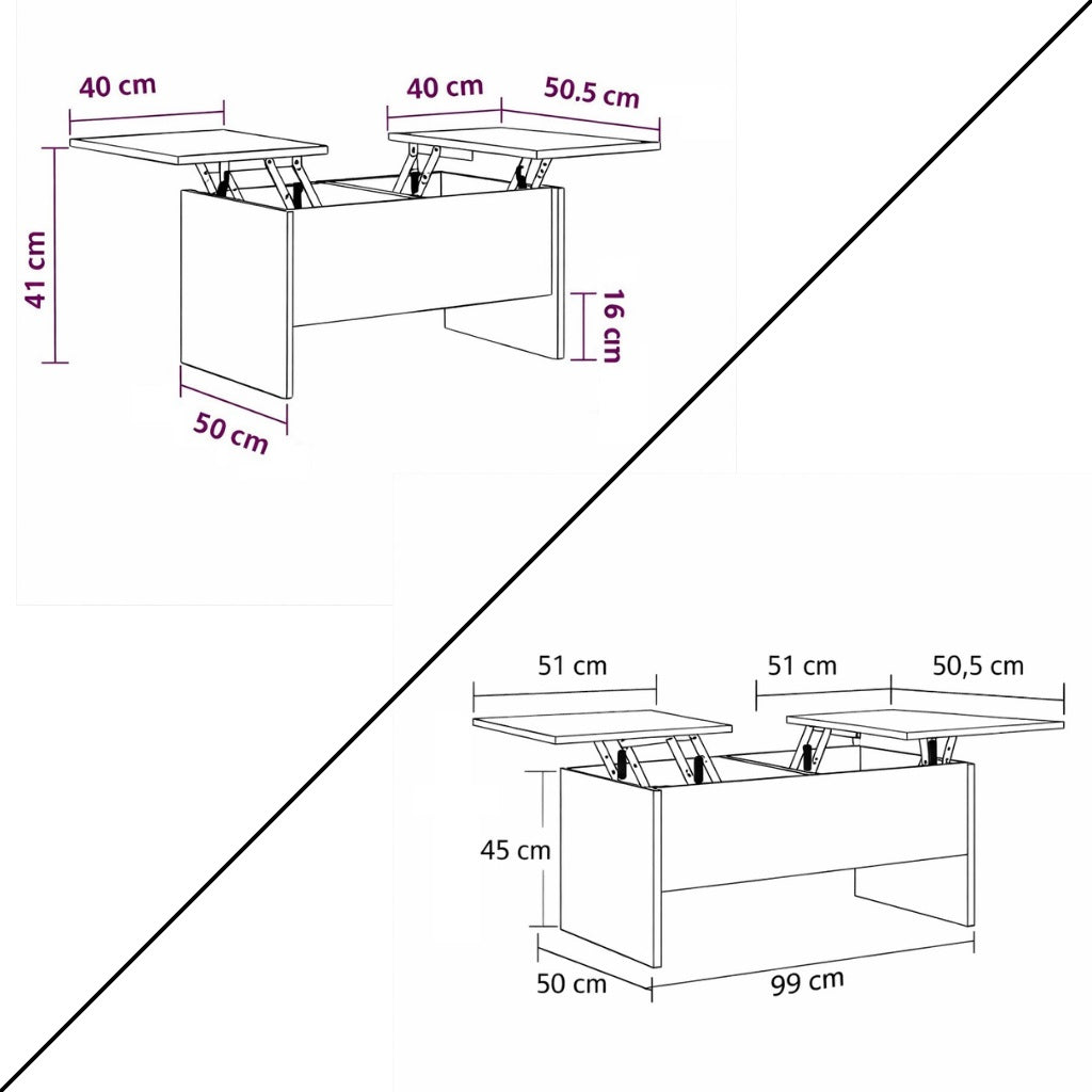 Table basse relevable en bois Levora avec schéma des dimensions, double plateau relevable