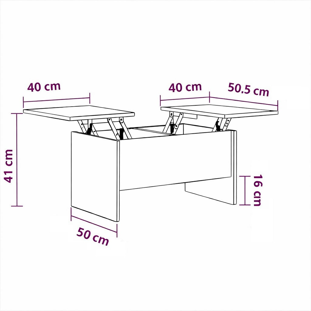 Schéma dimensions table basse relevable en bois avec plateaux relevables et rangements