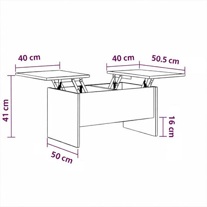 Schéma dimensions table basse relevable en bois avec plateaux relevables et rangements