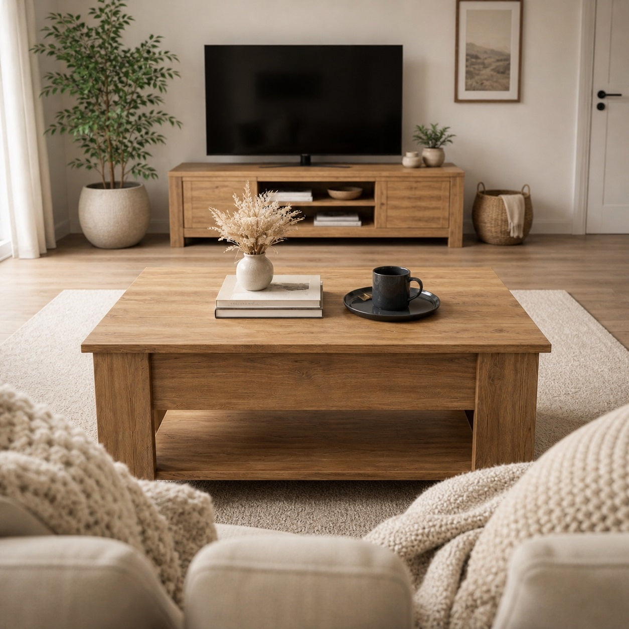 Table basse en bois chêne massif dans salon moderne, style naturel, décoration épurée et ambiance chaleureuse