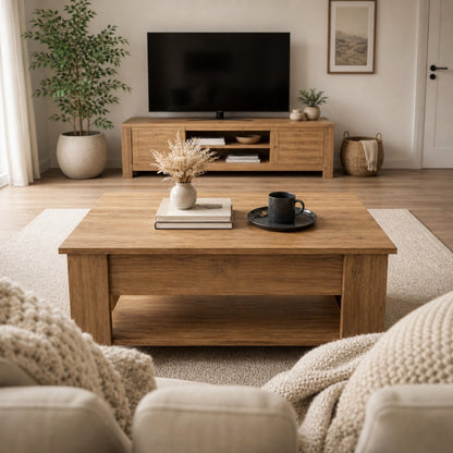 Table basse en bois chêne massif dans salon moderne, style naturel, décoration épurée et ambiance chaleureuse