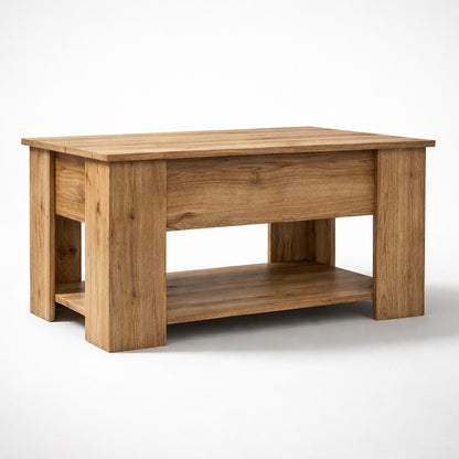 Table basse en bois clair ouverte avec mécanisme relevable, table basse de salon pratique et design.