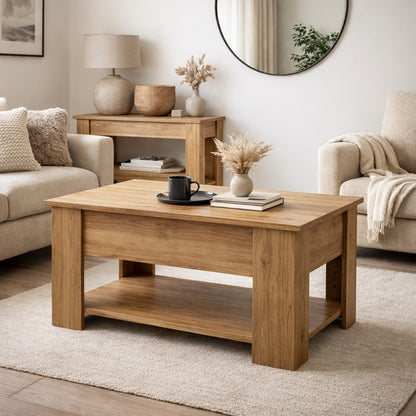 Table basse en bois vue latérale avec plateau relevable, table basse de salon fonctionnelle et robuste.