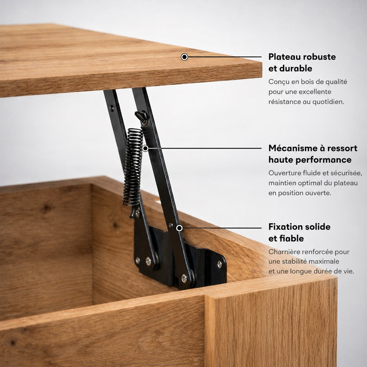 Mécanisme de relevage intégré d’une table basse en bois, pratique et robuste, pensé pour une table basse de salon fonctionnelle.
