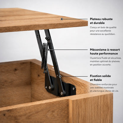 Mécanisme de relevage intégré d’une table basse en bois, pratique et robuste, pensé pour une table basse de salon fonctionnelle.