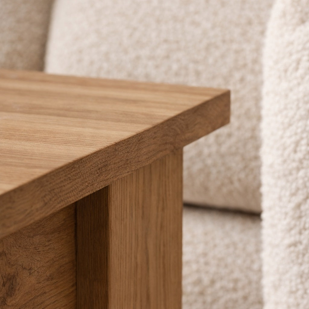 Détail du plateau et du pied d’une table basse en bois aux finitions soignées, idéale comme table basse de salon élégante.