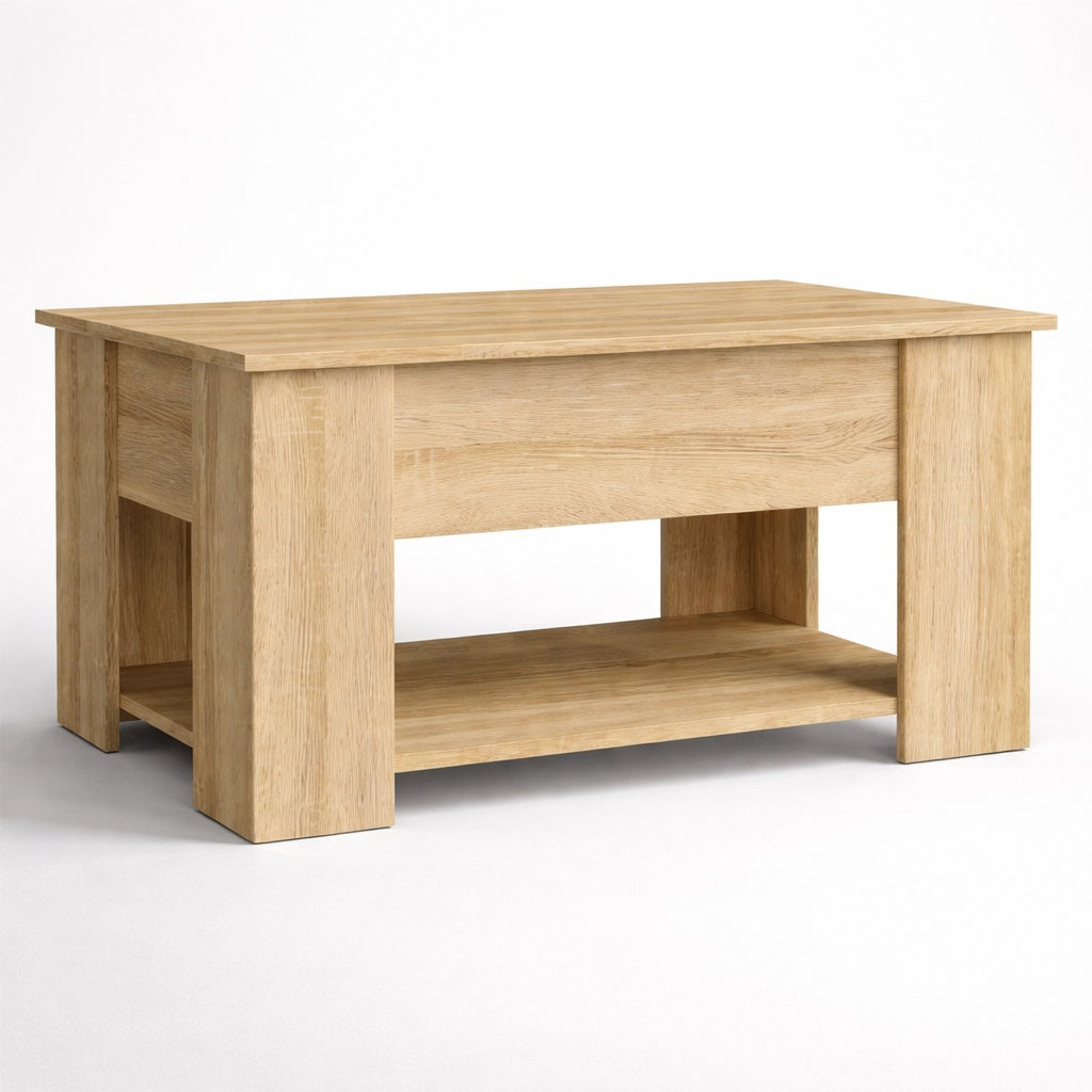 Table basse de salon en bois clair avec plateau rectangulaire et étagère basse, design sobre et fonctionnel.