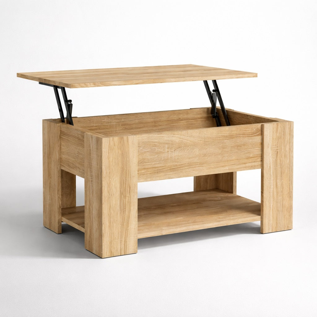Table basse en bois avec plateau relevable et rangement intérieur discret, parfaite pour une table basse de salon pratique.