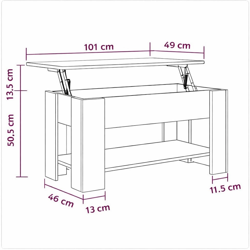 Schéma technique table basse en bois relevable avec espace de rangement, table basse de salon pratique et moderne.