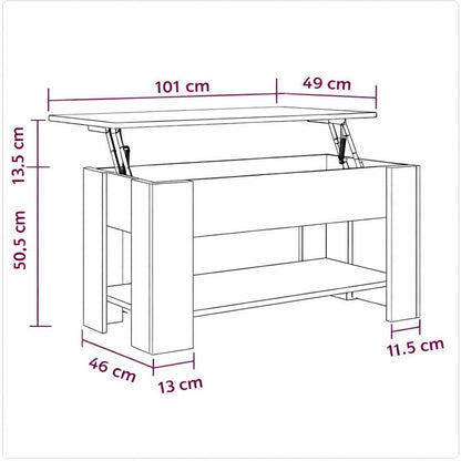 Schéma technique table basse en bois relevable avec espace de rangement, table basse de salon pratique et moderne.