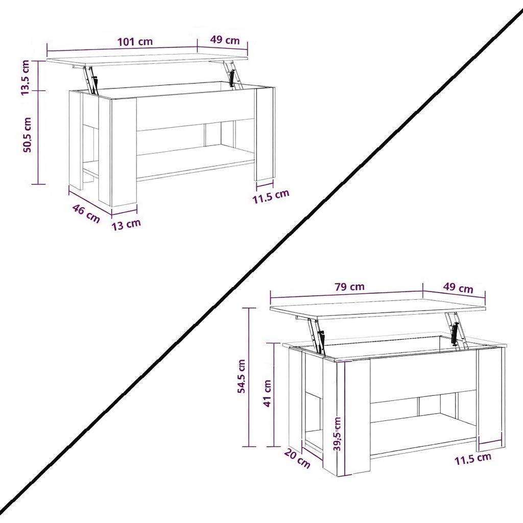 Schéma dimensions table basse en bois avec plateau relevable et rangement intégré, table basse de salon fonctionnelle.
