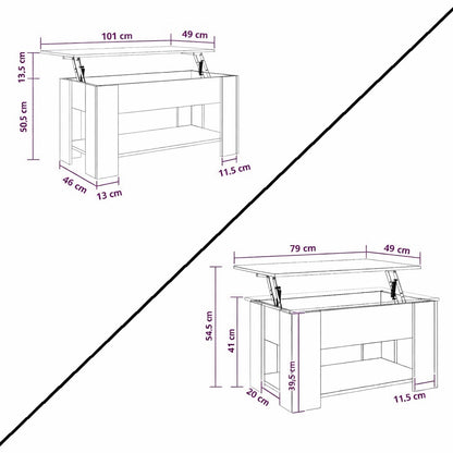 Schéma dimensions table basse en bois avec plateau relevable et rangement intégré, table basse de salon fonctionnelle.