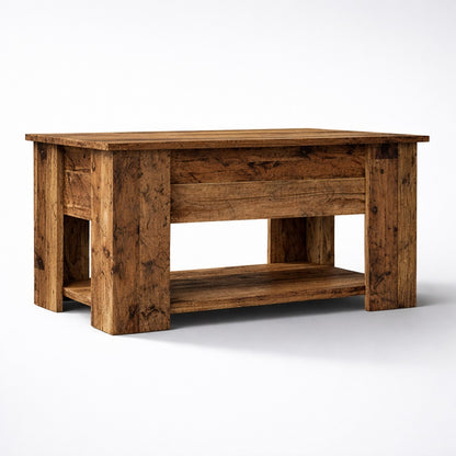 Table basse en bois fermée vue de face, table basse de salon au style authentique et lignes épurées.