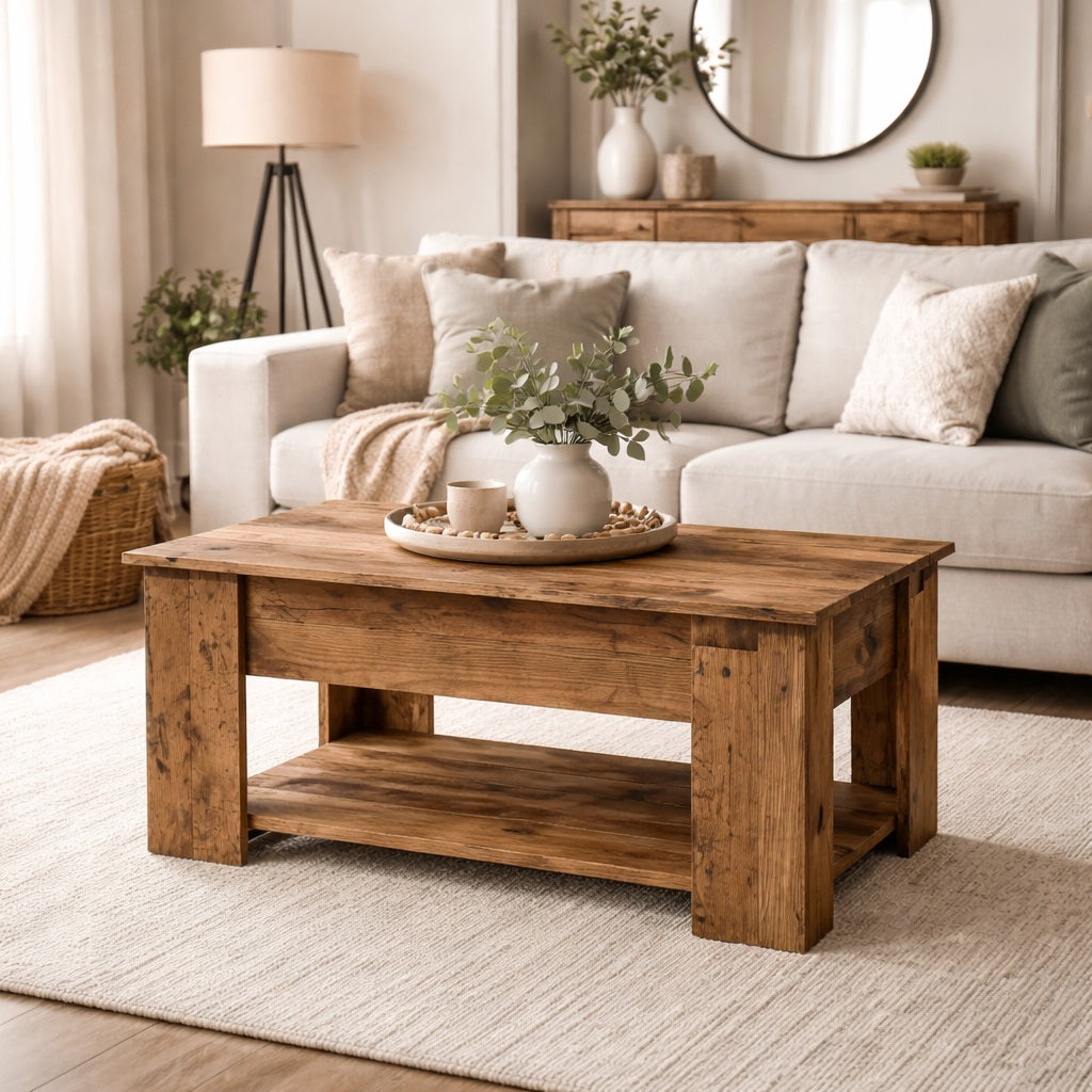 Table basse en bois dans un salon chaleureux, table basse de salon avec rangement et design naturel.