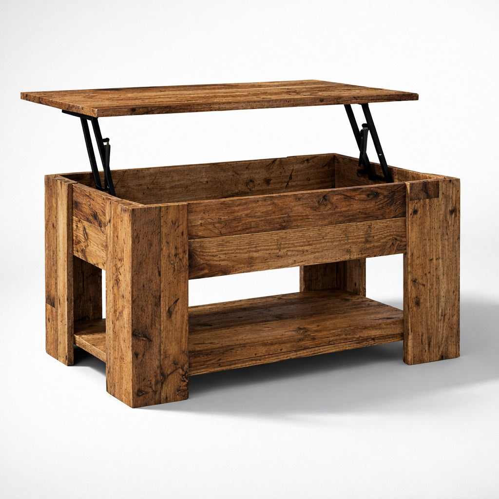 Table basse en bois ouverte avec plateau relevable, table basse de salon offrant un large espace de rangement.