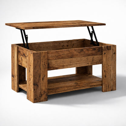 Table basse en bois ouverte avec plateau relevable, table basse de salon offrant un large espace de rangement.