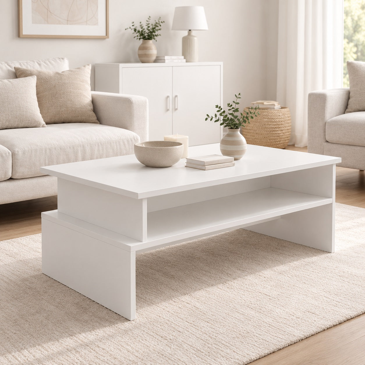 Table basse blanche avec rangement ouvert, au design moderne, mise en scène dans un salon lumineux et élégant.