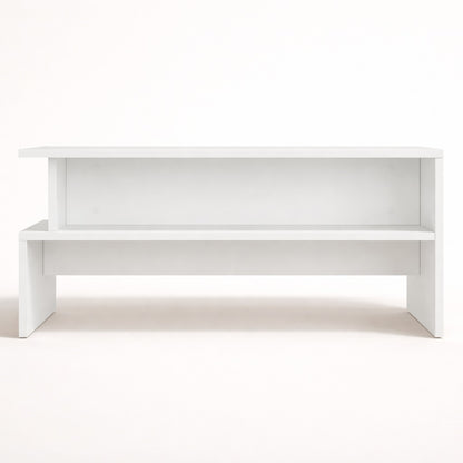 Table basse blanche vue de face avec rangement ouvert intégré, lignes épurées, table basse de salon