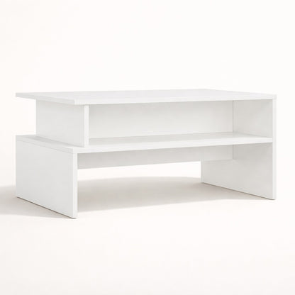 Table basse blanche vue en perspective avec structure graphique et rangement intégré, table basse de salon