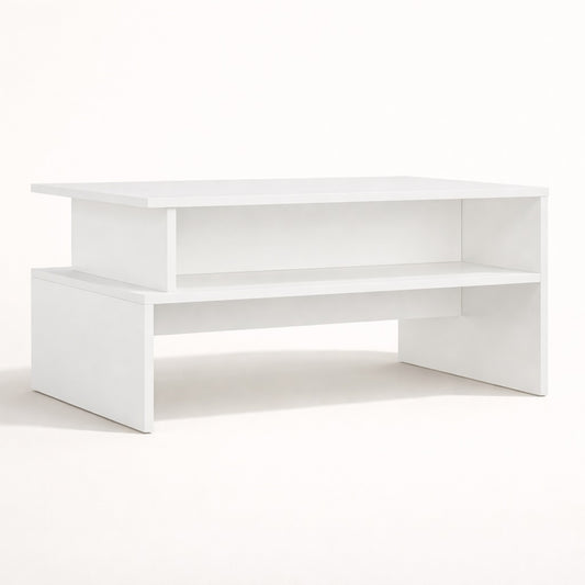 Table basse blanche vue en perspective avec structure graphique et rangement intégré, table basse de salon