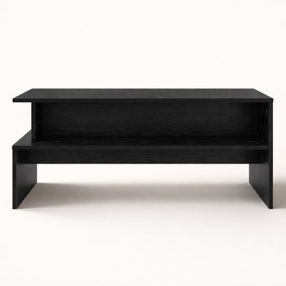 Table basse avec rangement en bois noir vue de face, design structuré, table basse de salon