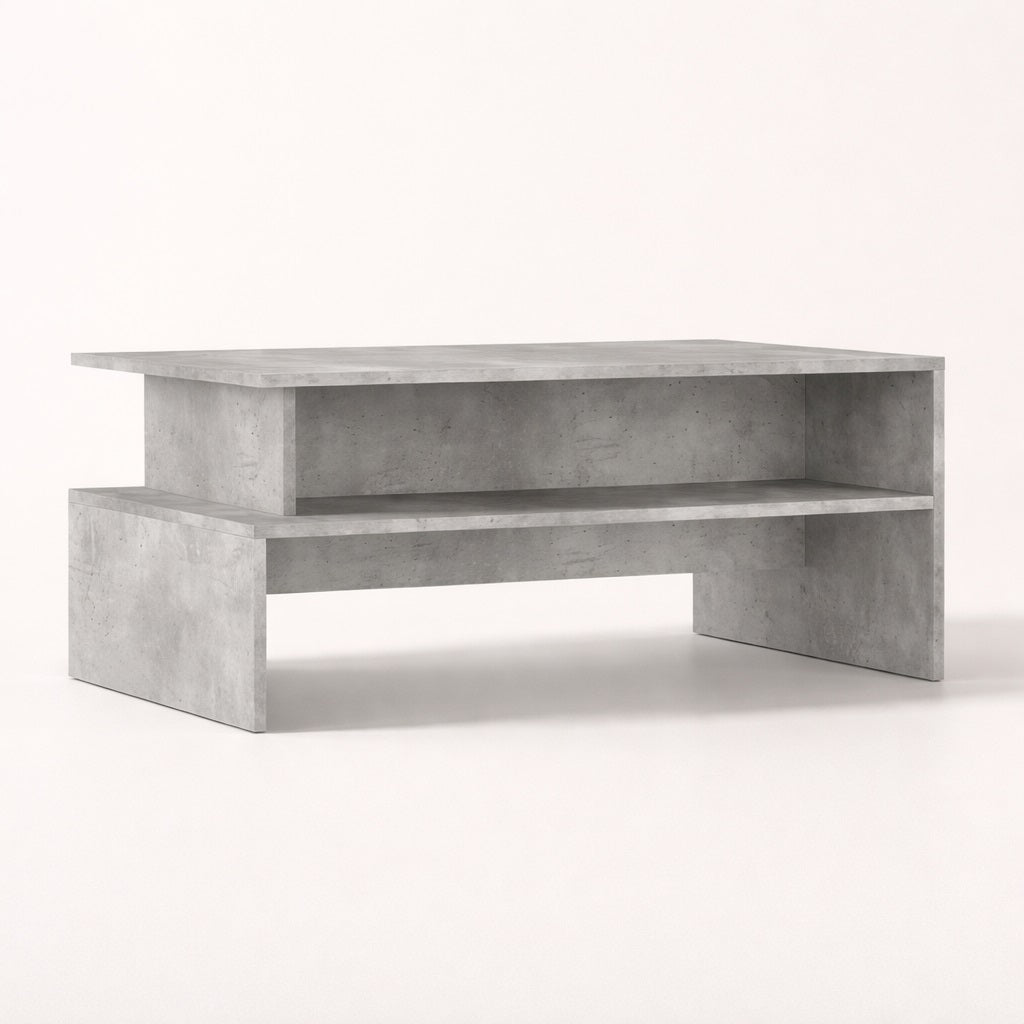 Table basse avec rangement effet béton vue en angle, structure graphique, table basse de salon moderne