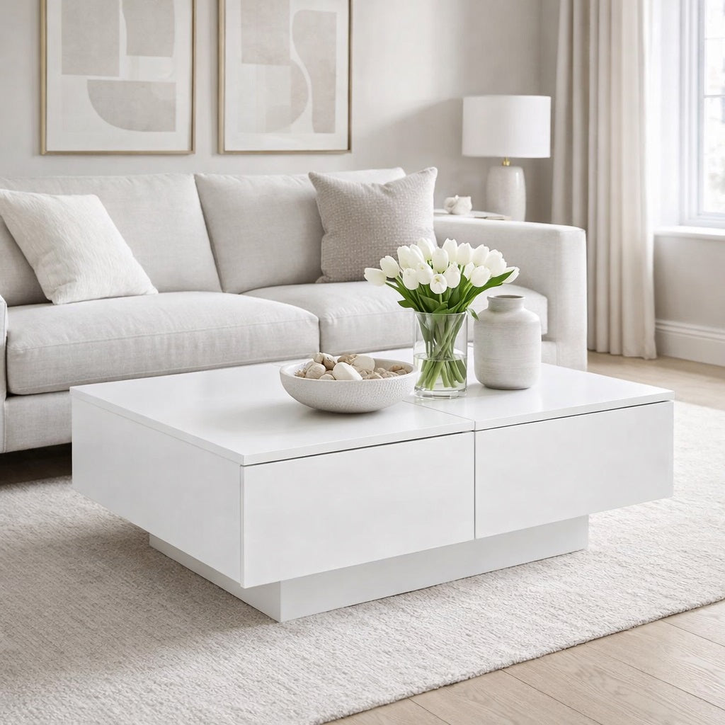 Table basse salon blanche en situation dans un intérieur lumineux, design moderne et élégant.