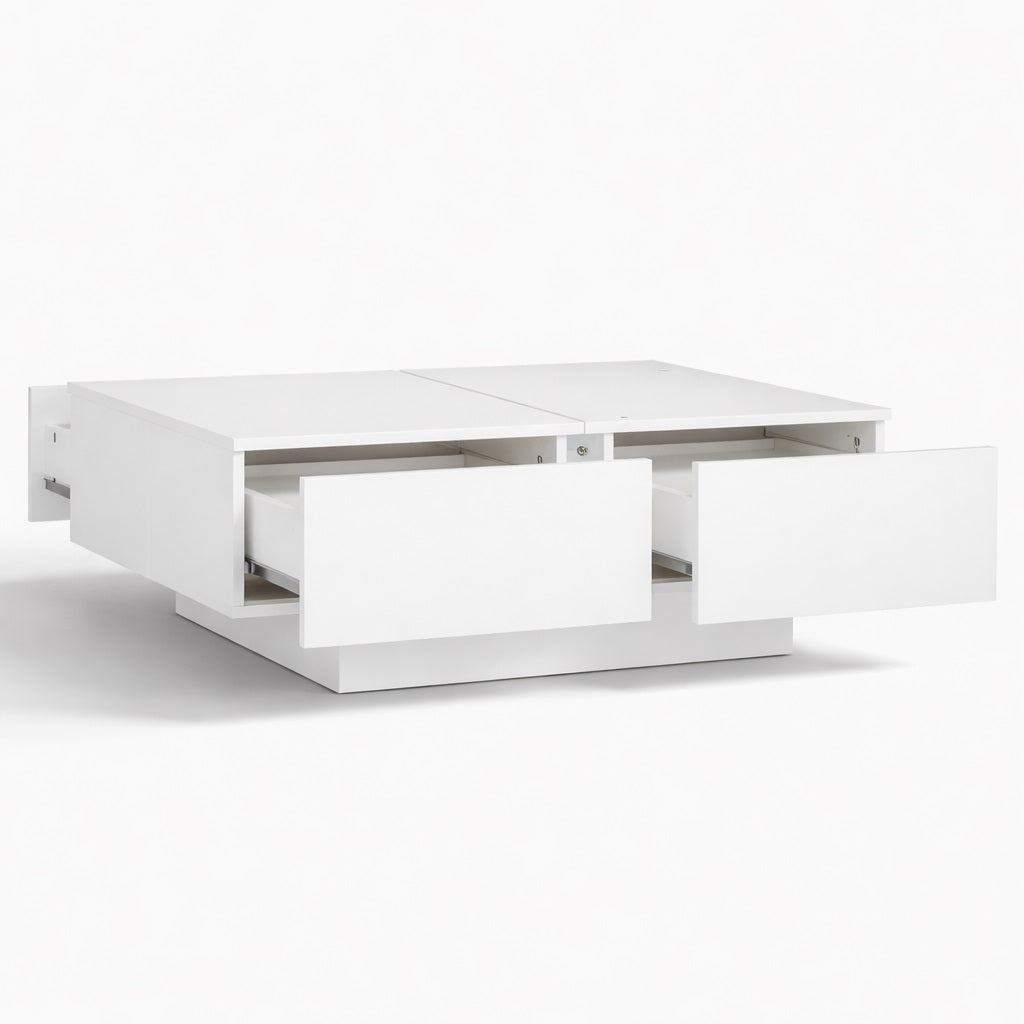 Table basse salon blanche avec tiroirs intégrés, design moderne et lignes épurées, idéale pour un intérieur contemporain.
