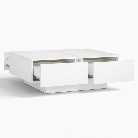 Table basse salon blanche avec tiroirs intégrés, design moderne et lignes épurées, idéale pour un intérieur contemporain.