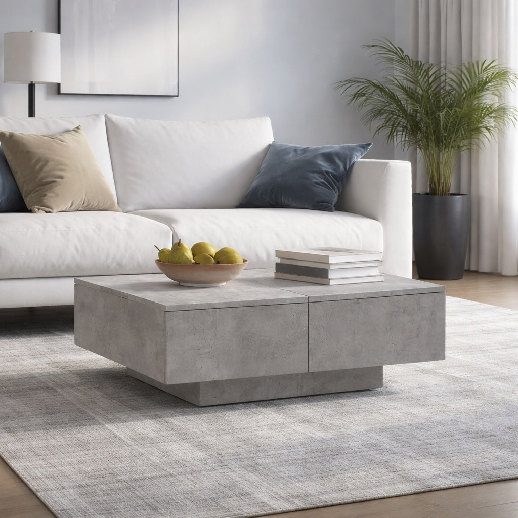 Table basse salon grise en situation dans un salon moderne, style épuré et fonctionnel.