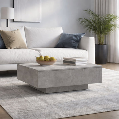 Table basse salon grise en situation dans un salon moderne, style épuré et fonctionnel.