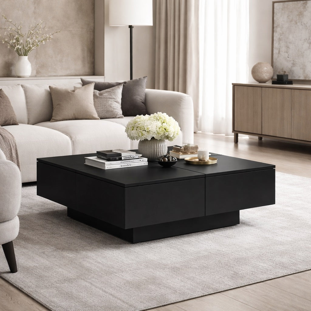 Table basse salon noire en situation dans un intérieur moderne, design élégant et rangement discret.