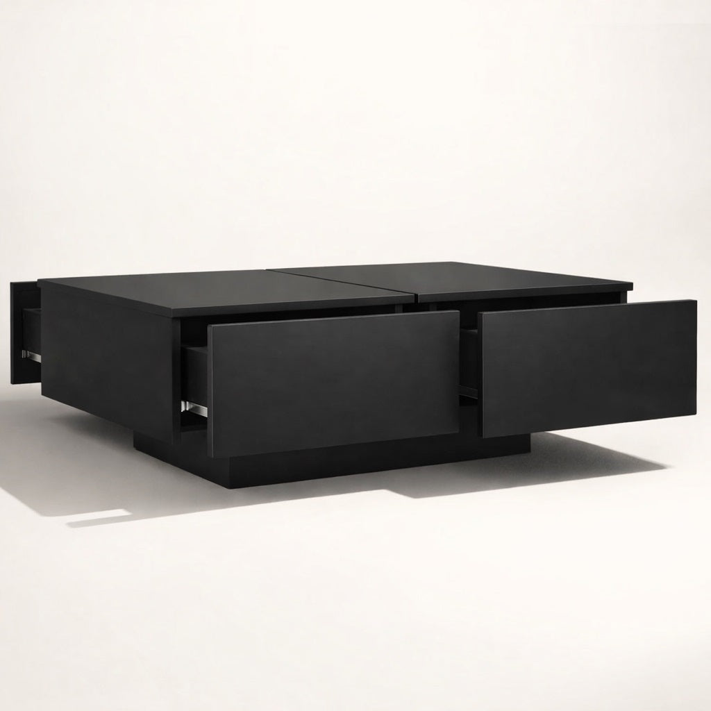 Table basse salon noire avec tiroirs, design graphique et finition mate élégante.