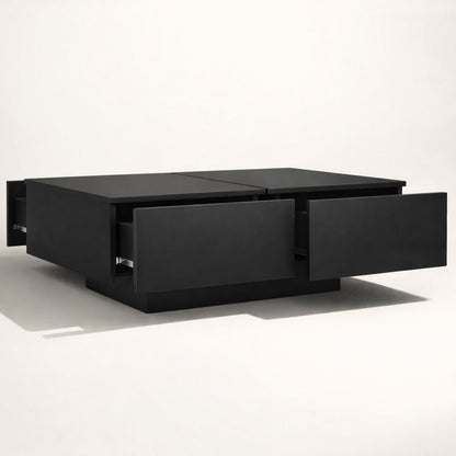 Table basse salon noire avec tiroirs, design graphique et finition mate élégante.