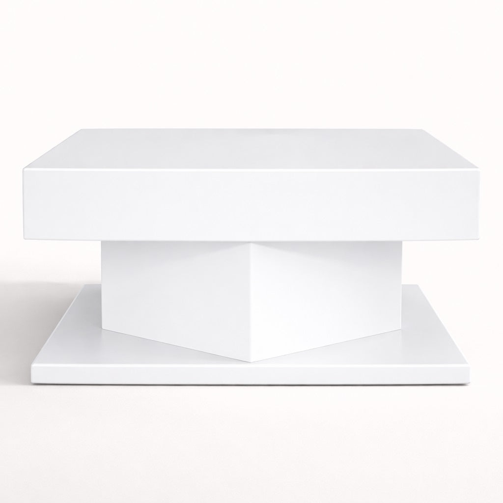 Table basse design blanche carrée, structure centrale solide pour une table basse de salon élégante.