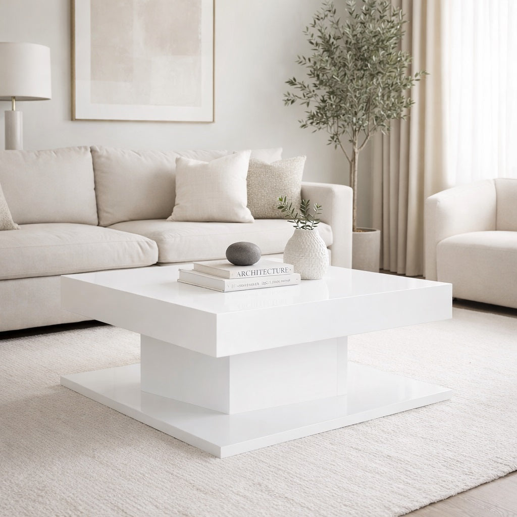 Table basse design blanche dans un salon lumineux, parfaite comme table basse de salon contemporaine.