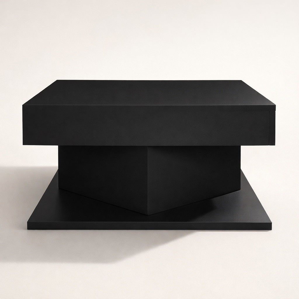 Table basse design noire aux lignes franches, table basse de salon au caractère contemporain.