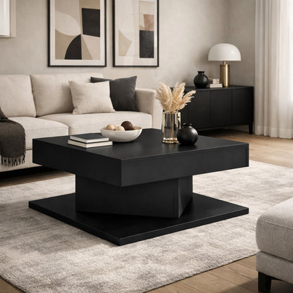 Table basse design noire dans un salon moderne, table basse de salon élégante et structurée.